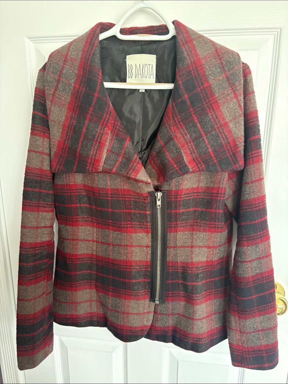 BB Dakota Red and Gray Plaid Zip-Front Blazer Jacket